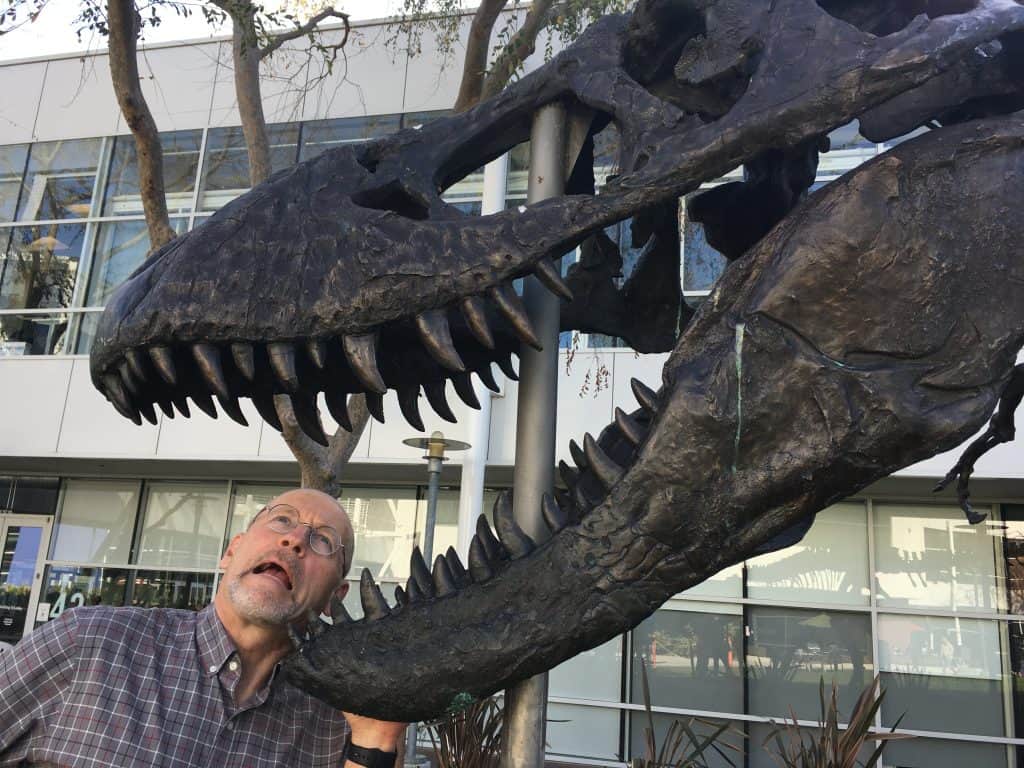 Van being eaten by a dinosaur skull.