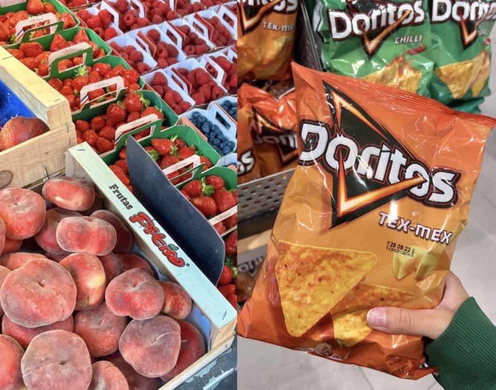 Left: Fresh fruit at the farmers market, Right: Snack food at the grocery store