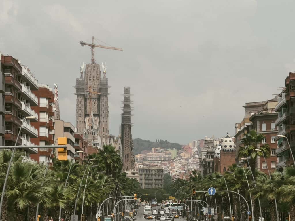 Street view of La Sagrada Familia on a bicycle tour.