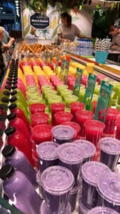 Colorful juices at the market.