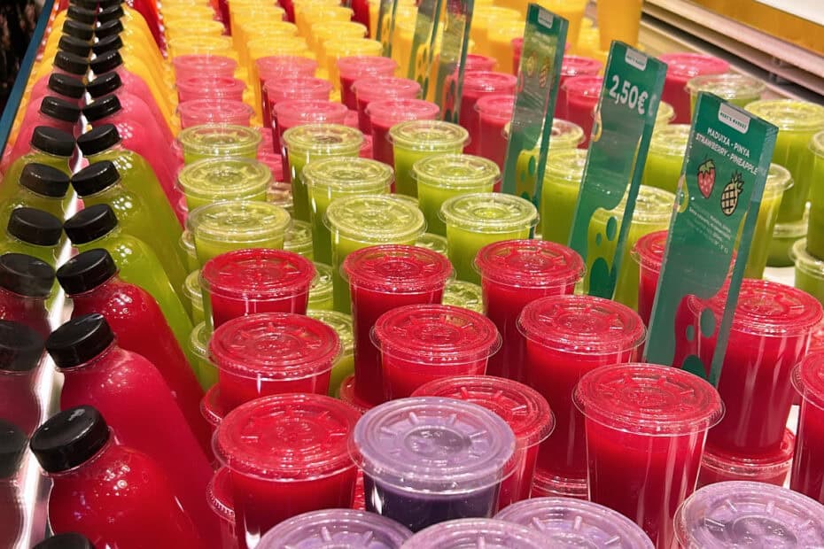 Colorful juices at the market.