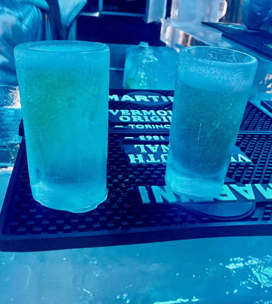 Ice glasses filled with beverage.