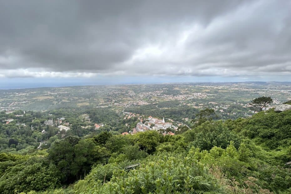 An expansive view of nearby Sintra and towns from the guard tower of the Moorish Castle in Portugal.