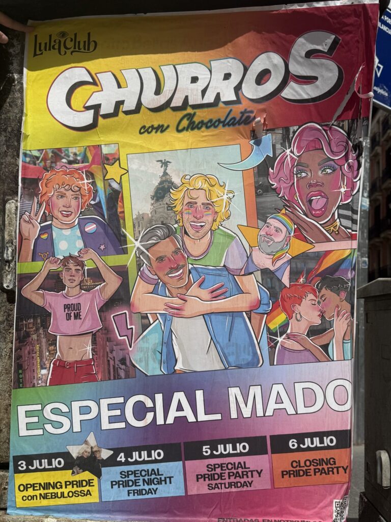 A large street poster advertising a local club (Lula Club)'s pride week themes.