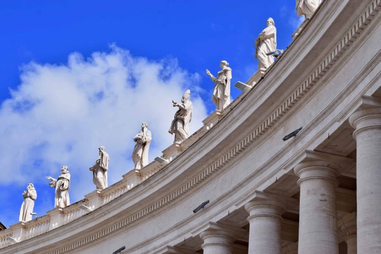 On the square of St. Peter’s, statues of saints line the columned walls before entering the basilica. Some of these statutes were created as early as 1662.