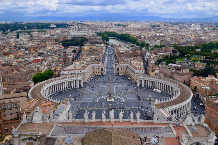 The dome of St. Peters Basilica hosts an amazing aerial view of the square and surrounding area of Vatican city. To get to the top, onlookers have to climb 551 steps or take a short elevator ride up.